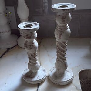 White Vintage-Style Candle Holders with Distressed Finish